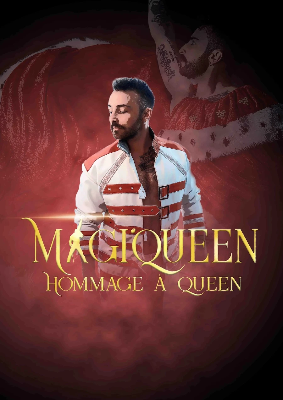 Magiqueen - Spectacle Hommage à Queen en Provence | Fortissimo Productions Affiche Magiqueen - Spectacle hommage à Queen avec artiste en costume blanc et rouge emblématique sur fond rouge